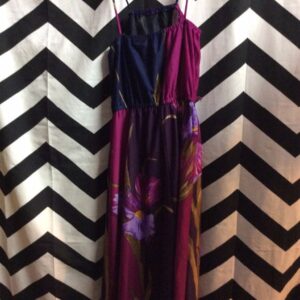 Photo detail:POLY DRESS THIN STRAPS NAVY PURPLE MAROON IRIS FLOWER