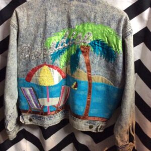 Photo detail:1990'S DENIM JACKET - CROPPED - ACID WASHED - TROPICAL PARADISE DESIGN IN APPLIQUE & RHINESTONES