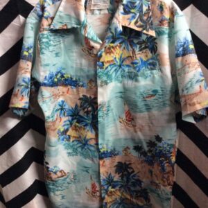 Photo detail:CLASSIC HAWAIIAN SHIRT - POLYESTER - PALM TREES/WATER/SAILBOAT PRINT