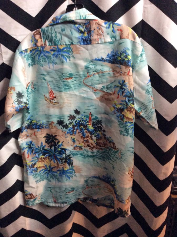 Classic Hawaiian Shirt – Polyester – Palm Trees/water/sailboat Print ...