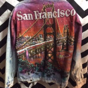 Photo detail:VINTAGE TONY ALAMO DENIM JACKET - BUTTON-UP - SAN FRANCISCO - FULL BACK BRIDGE GRAPHIC - BEDAZZLED - ACID WASHED