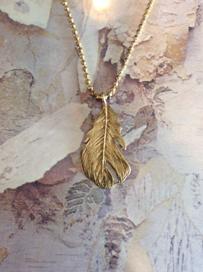 LONG BALL CHAIN NECKLACE W/ FEATHER PENDANT 1