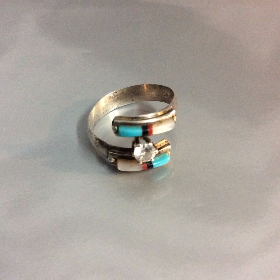 Little Inlayed Turquoise MOP layered Ring Diamond Set Signed 1