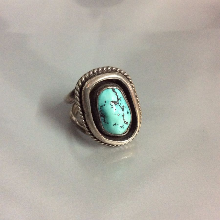 Turquoise Nugget Ring Double Band Signed JSD 1