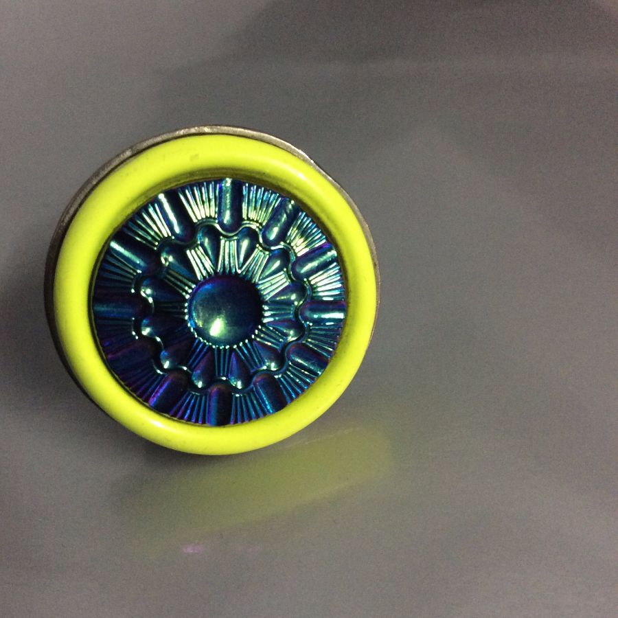 Iridescent Art Deco Glass Button Cocktail Ring Neon Yellow Setting 1