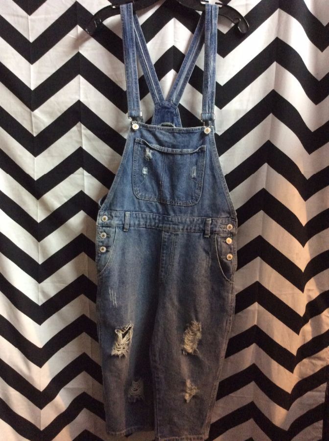 Denim Overall Cropped Frayed Legs Back Pockets 1