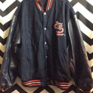 Photo detail:BASEBALL JACKET - VARSITY STYLE - WOOL W/LEATHER SLEEVES - ST LOUIS CARDINALS - EMBROIDERED LOGOS - REVERSIBLE