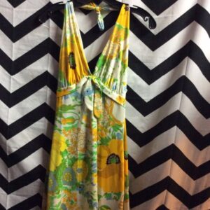 Photo detail:1960'S HALTER DRESS - LONG - EMPIRE WAIST W/TIE - BRIGHT FLORAL PATTERN