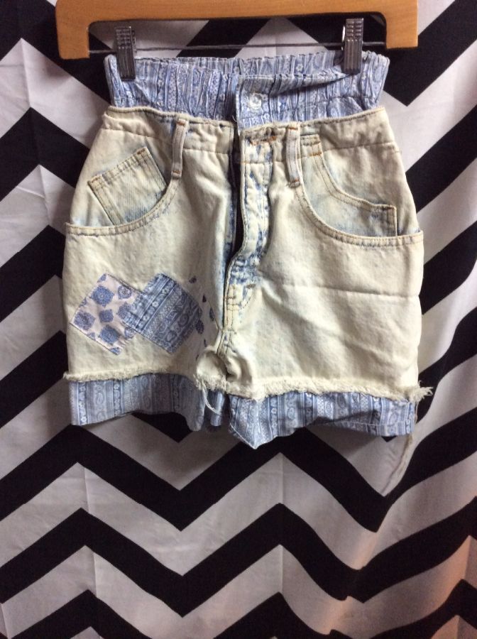 LITTLE PATCHWORK DENIM SHORTS PAPER BAG WAIST as-is *yellowing 1