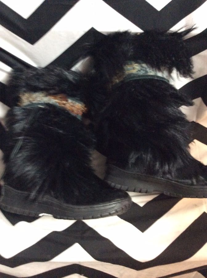 SHAGGY GOAT FUR BOOTS RUBBER SOLE FEATHER BAND as-is 1