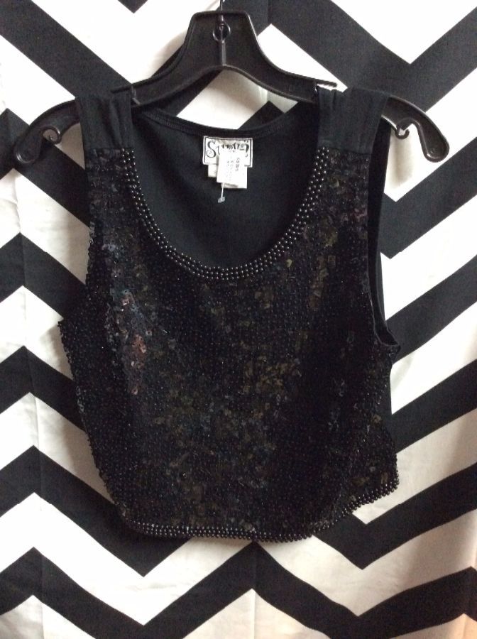 CROPPED SLEEVELESS SEQUIN & BEADED TOP COTTON BACKING 1