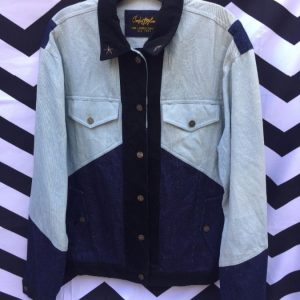 Photo detail:DENIM JACKET, LONG SLEEVES, BUTTON-UP, FRONT POCKETS, 2 TONED COLOR BLOCK DESIGN  W/DENIM & TWILL