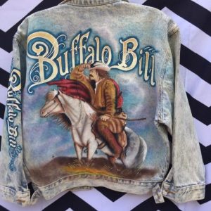 ACID WASH DENIM JACKET HAND PAINTED BUFFALO BILL FRONT AND BACK GRAPHIC 1