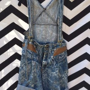 ACID WASH OVERALL SHORTS CUFFED LEATHER TRIM 1