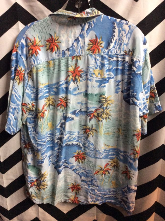 Classic Hawaiian Shirt – Rayon – Palm Trees & Ocean Wave Design ...