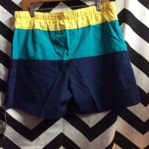 Photo detail:RETRO JANTZEN SWIM SHORTS - ELASTIC WAIST - HORIZONTAL COLOR BLOCK DESIGN