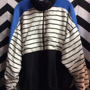 Photo detail:STARTING POINT JACKET - ZIP-UP - HORIZONTAL STRIPE PRINT - COLOR BLOCK DESIGN - SOLID STRIP ACROSS SHOULDERS - SOLID COLLAR & LOWER HALF