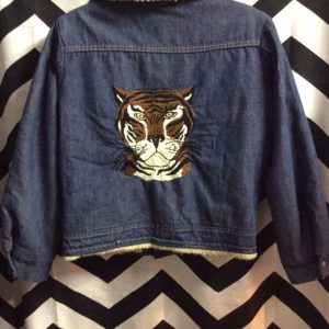 Tiger Head Embroidery Cropped Denim Jacket Sherpa Lining *As Is 1