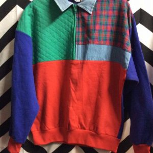 Retro Pullover Collar Sweatshirt Patch Work Denim Plaid 1