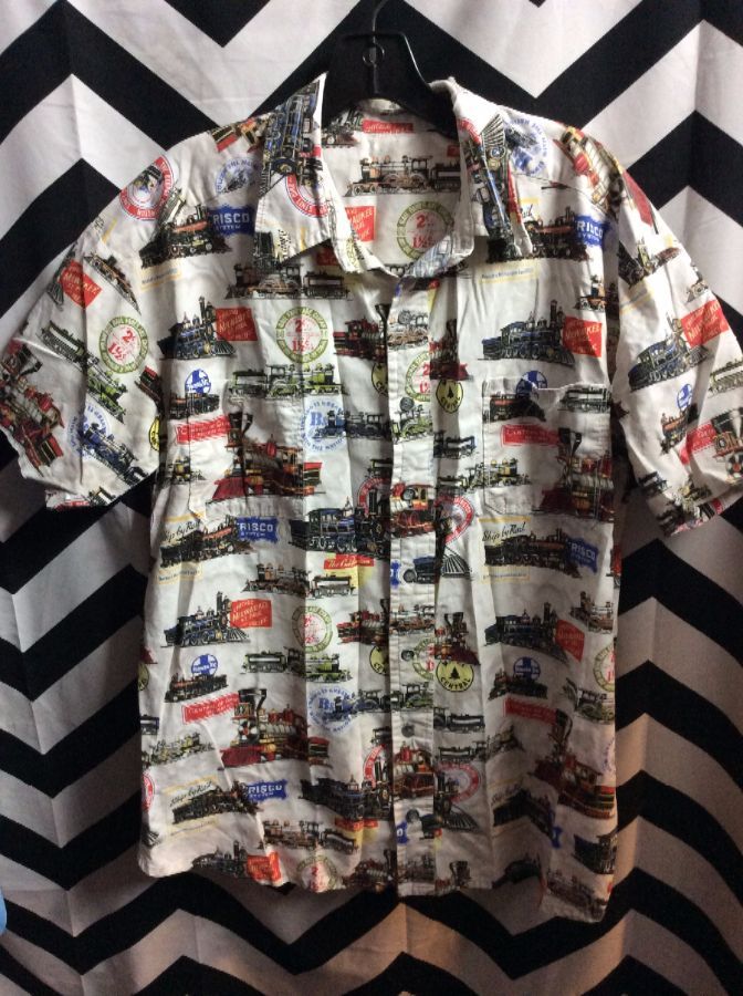 Hawaiian Shirt W/railroad Train Pattern | Boardwalk Vintage