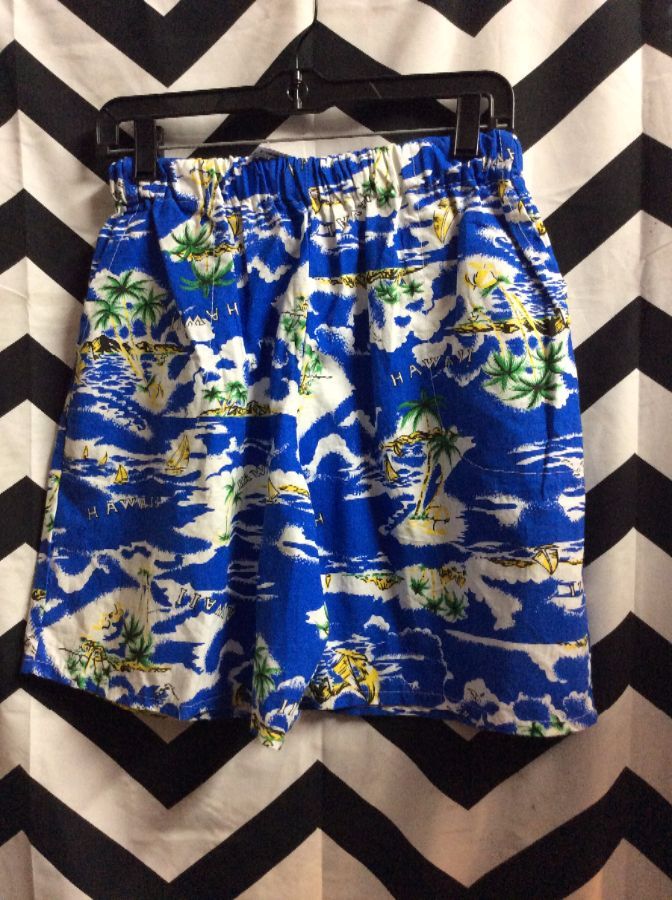 Cotton Shorts W/hawaiian Ocean Print | Boardwalk Vintage