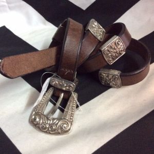 1990S NARROW LEATHER BELT WITH SQUARE CONCHOS HEAVY BUCKLE 1