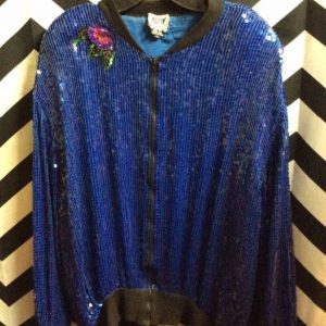 Blue sequin zipup jacket with floral sequin embellishments 1