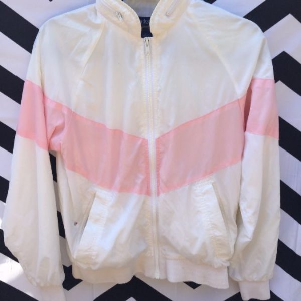 Windbreaker Jacket, Nylon, Zip-up, Hideaway Hood, Pastel Color Block |  Boardwalk Vintage