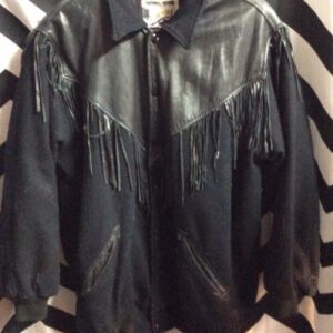 Photo detail:BOMBER JACKET – VARSITY STYLE – WOOL –  LEATHER W/FRINGE