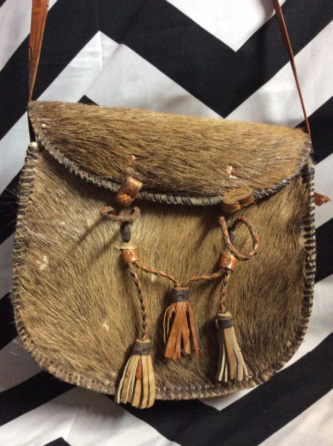 COW HYDE LEATHER BAG THIN STRAPS 3 FRINGE TIES 1