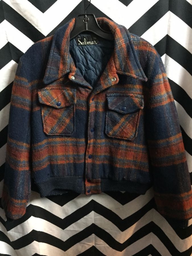 BOMBER CUT FLANNEL BUTTON UP PLAID NAVY BROWN as-is 1