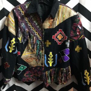 Photo detail:DENIM JACKET W/ETHNIC WOVEN PATCHWORK & BEADED EMBELLISHMENT