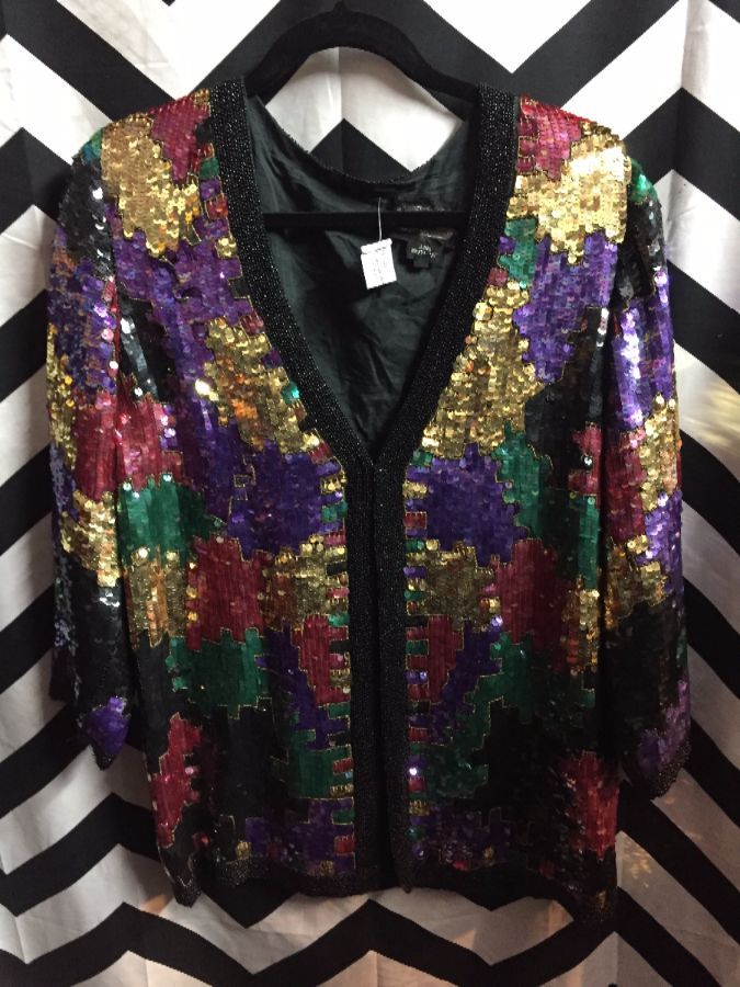 1980S FULLY SEQUINED JACKET AZTE DESIGN SILK LINING BEADED TRIM 1