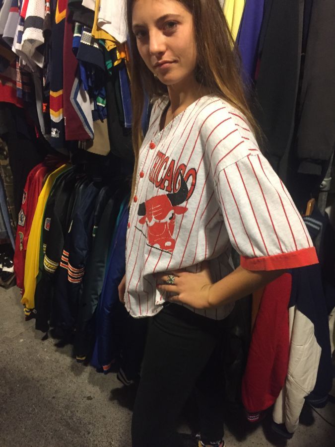 Baseball Style Jersey, Cotton, Chicago Bulls, Pinstriped Fabric