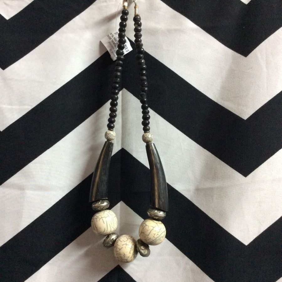 Vintage Genuine Ebony Horn Tribal Etched Pendant - 55mm Rectangle Drop, White & Black, Brass Loop, NOS