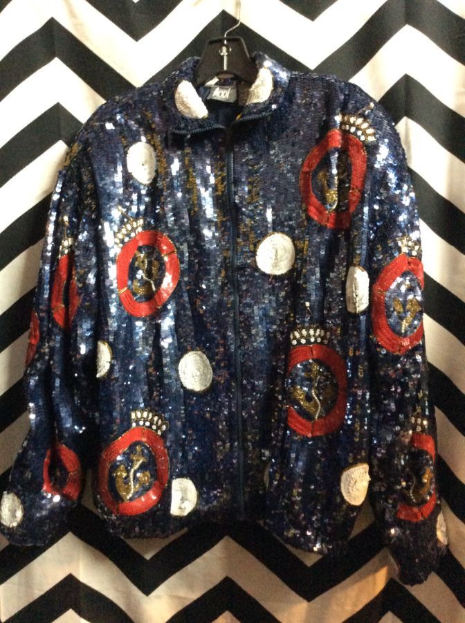 1980S Anchor Themed Fully Sequined Zip up PARTY Jacket BOMBER Silk Lining 1