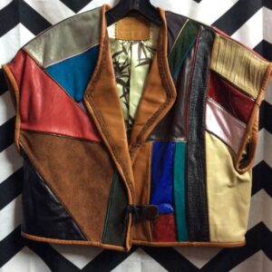 Photo detail:HAND CRAFTED LEATHER W/PATCHWORK VEST & BAMBOO PRINT LINING