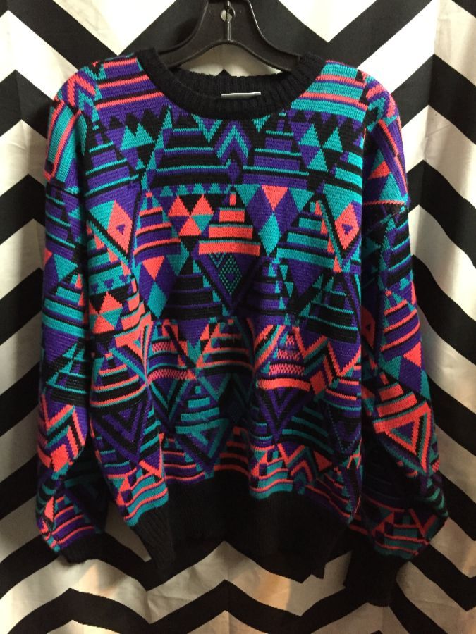 Neon Geometric Pattern Pullover Knit Sweater 1