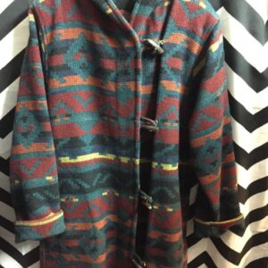 Photo detail:LONG WOOL KNIT HOODED JACKET W/AZTEC DESIGN