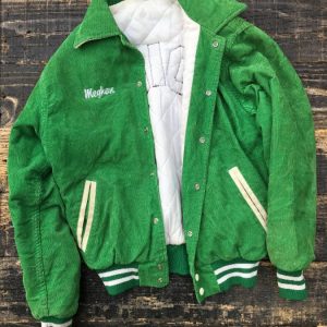 Green Corduroy button up jacket w/ white trim EDINA letters on back 1