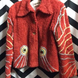 Photo detail:FUNKY RED SHAGGY JACKET W/ DREAM CATCHERS PATTERN *AS IS