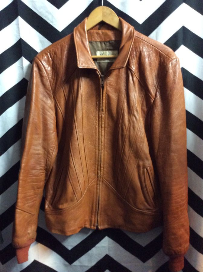 LEATHER JACKET COTTON RIBBED CUFFS ZIP UP SATIN LINING 1