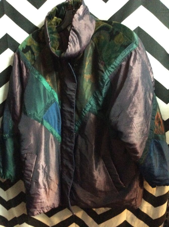 Oversized puffy iridescent and velvet patchwork jacket 1