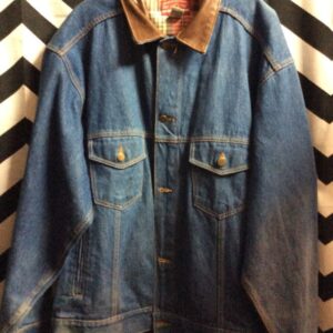 Photo detail:DENIM BUTTON-UP JACKET W/LEATHER COLLAR