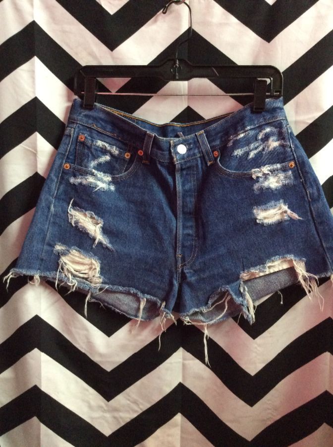 DENIM CUT OFF SHORTS FADED RIPS AND FRAYS NO BACK TAG COPPER RIVETS 1