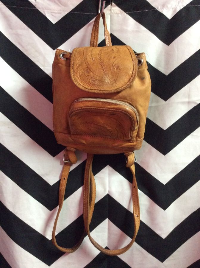 TOOLED MEXICAN LEATHER MINI BACKPACK PLAID LINING as-is 1