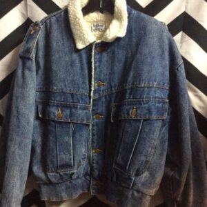 Photo detail:DENIM JACKET W/SHERPA LINING CINCHED WAIST 2 LARGE POCKETS