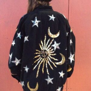 Photo detail:1980S OVERSIZED ZIP UP TWILL COTTON DENIM STYLE BOMBER JACKET SEQUIN SUN, STARS, MOONS AS-IS