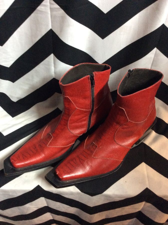 RED PATCHWORK LEATHER BOOTS EXTENDED TOE ZIP SIDE 1