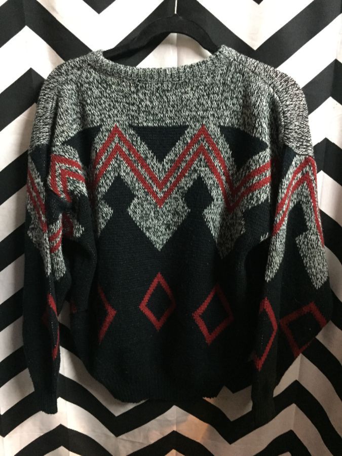 Geometric Pattern Knit Sweater with Lether patched Triangles 1